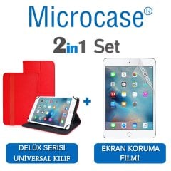 Microcase iPad Mini 4 Delüx Serisi Universal Standlı Deri Kılıf - Kırmızı + Ekran Koruma Filmi