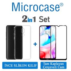 Microcase Xiaomi Redmi 8 Ultra İnce 0.2 mm Soft Silikon Kılıf + Tam Kaplayan Çerçeveli Cam