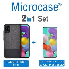 Microcase Samsung Galaxy A51 Fabrik Serisi Kumaş ve Deri Desen Kılıf - Siyah + Tempered Glass Cam Koruma