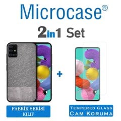 Microcase Samsung Galaxy A51 Fabrik Serisi Kumaş ve Deri Desen Kılıf - Gri + Tempered Glass Cam Koruma