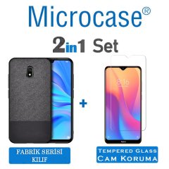 Microcase Xiaomi Redmi 8A Fabrik Serisi Kumaş ve Deri Desen Kılıf - Siyah + Tempered Glass Cam Koruma