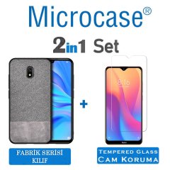 Microcase Xiaomi Redmi 8A Fabrik Serisi Kumaş ve Deri Desen Kılıf - Gri + Tempered Glass Cam Koruma