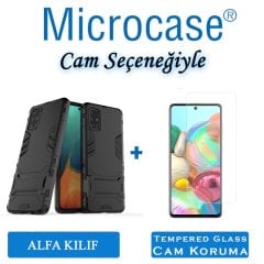 Microcase Samsung Galaxy A71 Alfa Armor Standlı Perfect Koruma Kılıf Siyah + Tempered Glass Cam