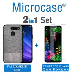 Microcase LG G8 ThinQ Fabrik Serisi Kumaş ve Deri Desen Kılıf - Gri + Tempered Glass Cam Koruma