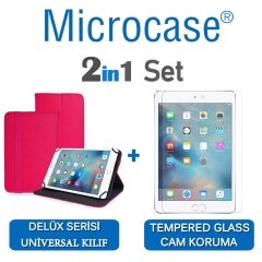 Microcase iPad Pro 9.7 Delüx Serisi Universal Standlı Deri Kılıf - Pembe + Tempered Glass Cam Koruma