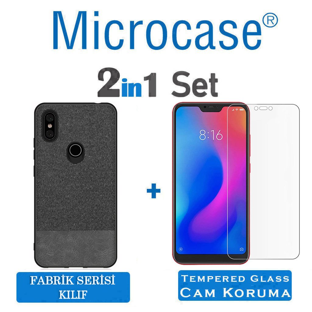 Microcase Xiaomi Mi A2 Lite - Redmi 6 Pro Fabrik Serisi Kumaş ve Deri Desen Kılıf - Siyah + Tempered Glass Cam Koruma