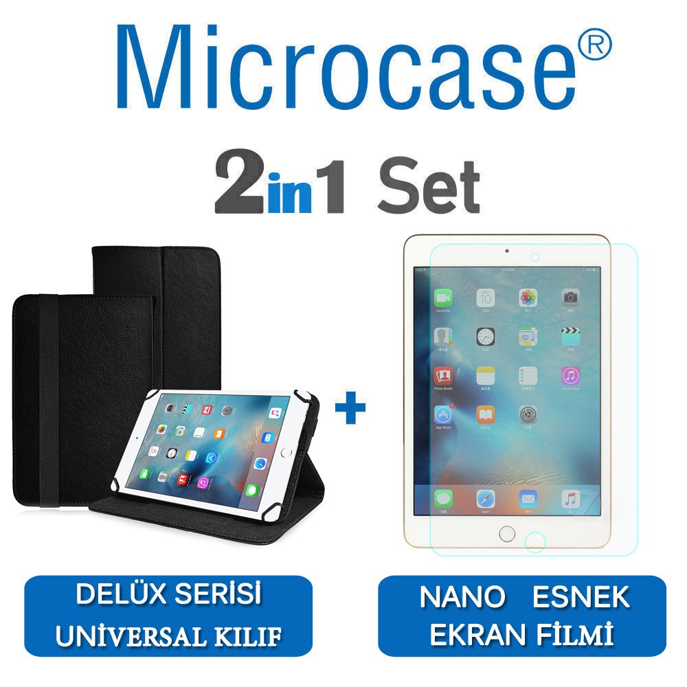 Microcase iPad Pro 9.7 Delüx Serisi Universal Standlı Deri Kılıf - Siyah + Nano Esnek Ekran Koruma Filmi