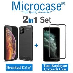 Microcase iPhone 11 Pro Brushed Carbon Fiber Silikon TPU Kılıf - Siyah + Tam Kaplayan Çerçeveli Cam