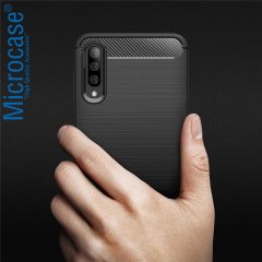 Microcase Samsung Galaxy A30s Brushed Carbon Fiber Silikon Kılıf Siyah + Tam Kaplayan Çerçeveli Cam
