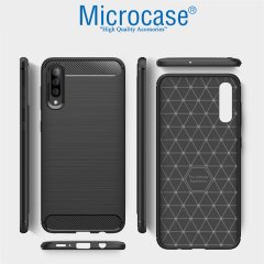 Microcase Samsung Galaxy A30s Brushed Carbon Fiber Silikon Kılıf Siyah + Tam Kaplayan Çerçeveli Cam