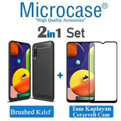 Microcase Samsung Galaxy A50s Brushed Carbon Fiber Silikon Kılıf Siyah + Tam Kaplayan Çerçeveli Cam