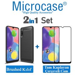 Microcase Samsung Galaxy A70s Brushed Carbon Fiber Silikon Kılıf Siyah + Tam Kaplayan Çerçeveli Cam