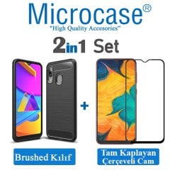 Microcase Samsung Galaxy M10s Brushed Carbon Fiber Silikon Kılıf Siyah + Tam Kaplayan Çerçeveli Cam