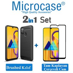 Microcase Samsung Galaxy M30s Brushed Carbon Fiber Silikon Kılıf Siyah + Tam Kaplayan Çerçeveli Cam