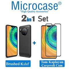 Microcase Huawei Mate 30 Brushed Carbon Fiber Silikon Kılıf - Siyah + Tam Kaplayan Çerçeveli Cam