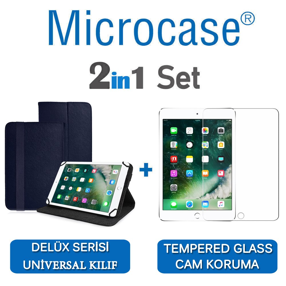 Microcase iPad 9.7 2017 Delüx Serisi Universal Standlı Deri Kılıf - Lacivert + Tempered Glass Cam Koruma