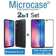 Microcase Xiaomi Mi 9 Pro Brushed Carbon Fiber Tpu Silikon Kılıf Siyah + Tam Kaplayan Çerçeveli Cam