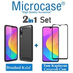 Microcase Xiaomi Mi 9 Lite Brushed Carbon Fiber Silikon Kılıf - Siyah + Tam Kaplayan Çerçeveli Cam