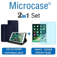 Microcase iPad 9.7 2017 Delüx Serisi Universal Standlı Deri Kılıf - Lacivert + Nano Esnek Ekran Koruma Filmi