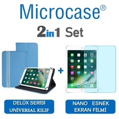 Microcase iPad 9.7 2017 Delüx Serisi Universal Standlı Deri Kılıf - Turkuaz + Nano Esnek Ekran Koruma Filmi