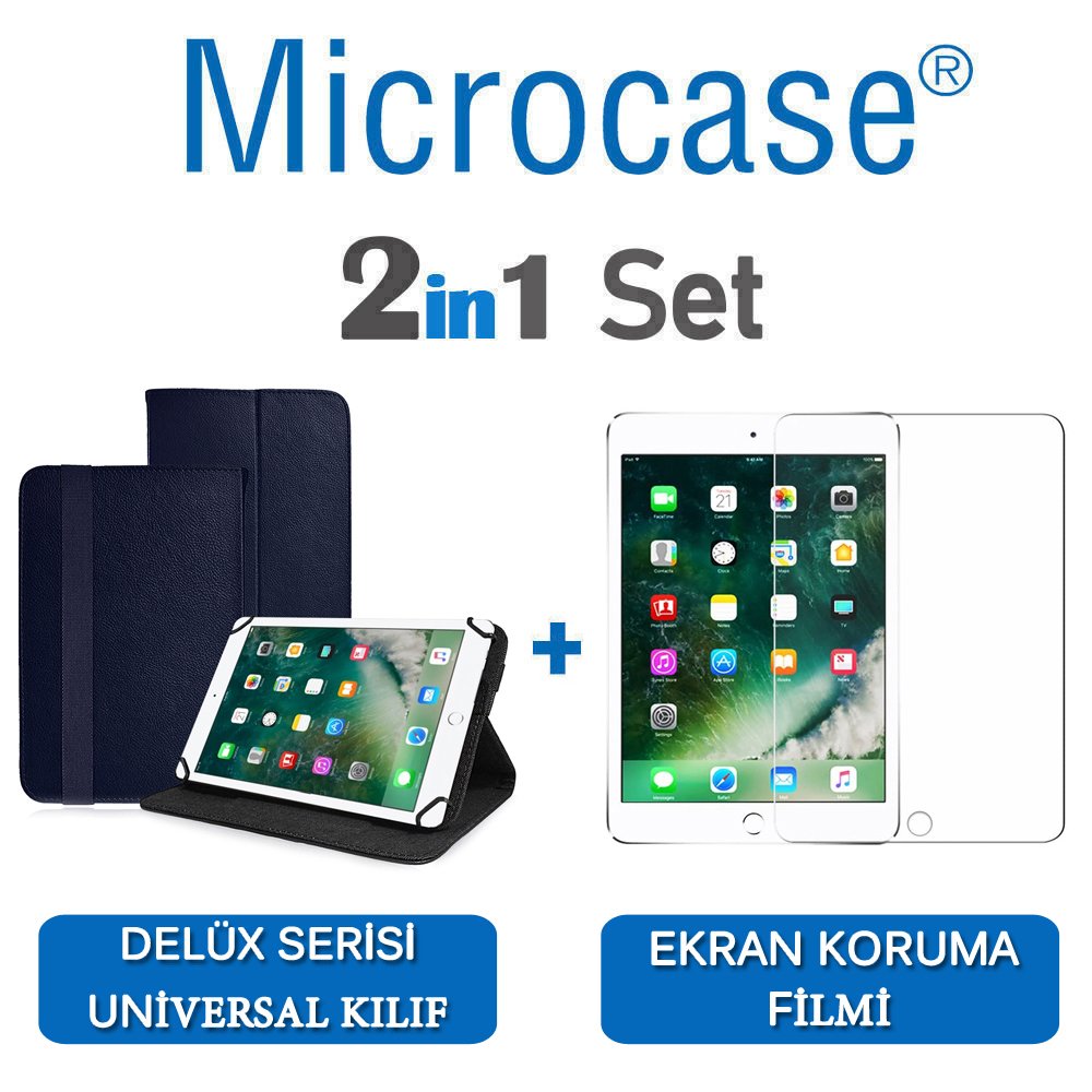 Microcase iPad 9.7 2017 Delüx Serisi Universal Standlı Deri Kılıf - Lacivert + Ekran Koruma Filmi
