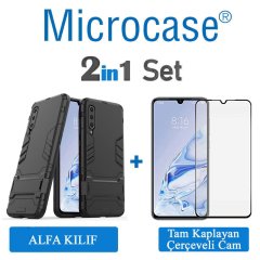 Microcase Xiaomi Mi 9 Pro Alfa Serisi Armor Standlı Perfect Koruma Kılıf - Siyah + Tam Kaplayan Cam Koruma