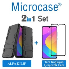 Microcase Xiaomi Mi 9 Lite Alfa Serisi Armor Standlı Perfect Koruma Kılıf - Siyah + Tam Kaplayan Cam Koruma