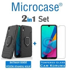 Microcase Huawei Honor 8S Batman Serisi Yüzük Standlı Armor Kılıf - Siyah + Tempered Glass Cam Koruma