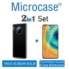 Microcase Huawei Mate 30 İnce 0.2 mm Soft Silikon Kılıf - Şeffaf + Tempered Glass Cam Koruma