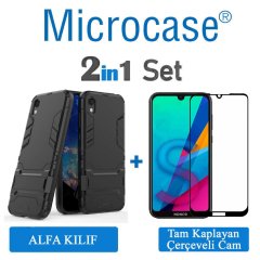 Microcase Huawei Honor 8S Alfa Serisi Armor Standlı Perfect Koruma Kılıf - Siyah + Tam Kaplayan Cam Koruma