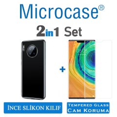 Microcase Huawei Mate 30 Pro İnce 0.2 mm Soft Silikon Kılıf - Şeffaf + Tempered Glass Cam Koruma