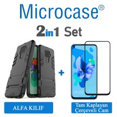 Microcase Huawei Mate 30 Lite Alfa Serisi Armor Standlı Perfect Koruma Kılıf - Siyah + Tam Kaplayan Cam Koruma