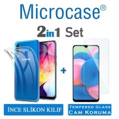 Microcase Samsung Galaxy A30s İnce 0.2 mm Soft Silikon Kılıf - Şeffaf + Tempered Glass Cam Koruma