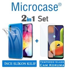 Microcase Samsung Galaxy A50s İnce 0.2 mm Soft Silikon Kılıf - Şeffaf + Tempered Glass Cam Koruma