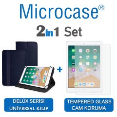 Microcase iPad 9.7 2018 Delüx Serisi Universal Standlı Deri Kılıf - Lacivert + Tempered Glass Cam Koruma