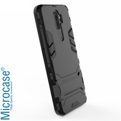 Microcase Oppo A5 2020 - A9 2020 Alfa Serisi Armor Standlı Perfect Koruma Kılıf - Siyah + Tam Kaplayan Cam Koruma