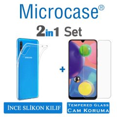 Microcase Samsung Galaxy A70s İnce 0.2 mm Soft Silikon Kılıf - Şeffaf + Tempered Glass Cam Koruma