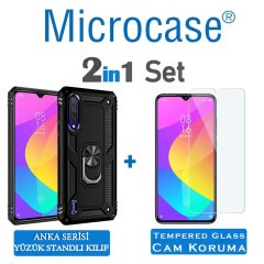 Microcase Xiaomi Mi A3 - Mi CC9e Anka Serisi Yüzük Standlı Armor Kılıf - Siyah + Tempered Glass Cam Koruma