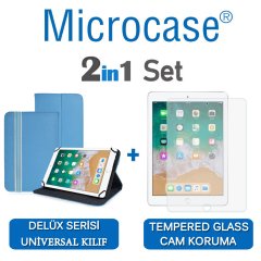 Microcase iPad 9.7 2018 Delüx Serisi Universal Standlı Deri Kılıf - Turkuaz + Tempered Glass Cam Koruma