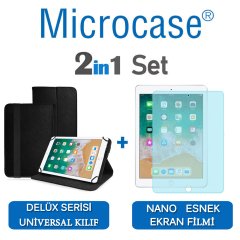 Microcase iPad 9.7 2018 Delüx Serisi Universal Standlı Deri Kılıf - Siyah + Nano Esnek Ekran Koruma Filmi
