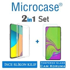 Microcase Samsung Galaxy A90 İnce 0.2 mm Soft Silikon Kılıf - Şeffaf + Tempered Glass Cam Koruma