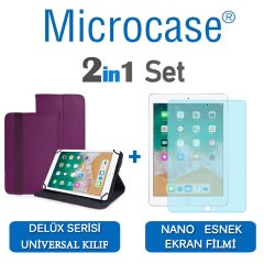 Microcase iPad 9.7 2018 Delüx Serisi Universal Standlı Deri Kılıf - Mor + Nano Esnek Ekran Koruma Filmi