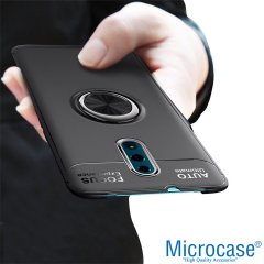 Microcase Oppo Reno Focus Serisi Yüzük Standlı Silikon Kılıf - Siyah + Tempered Glass Cam Koruma
