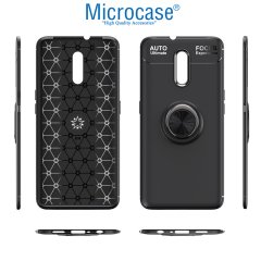 Microcase Oppo Reno Focus Serisi Yüzük Standlı Silikon Kılıf - Siyah + Tempered Glass Cam Koruma
