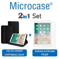 Microcase iPad 9.7 2018 Delüx Serisi Universal Standlı Deri Kılıf - Siyah + Ekran Koruma Filmi