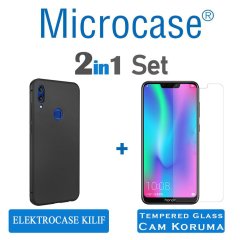 Microcase Huawei Honor 8C Elektrocase Serisi Silikon Kılıf - Siyah + Tempered Glass Cam Koruma