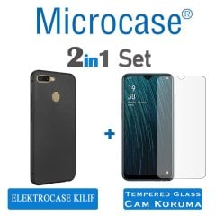 Microcase Oppo A5S Elektrocase Serisi Silikon Kılıf - Siyah + Tempered Glass Cam Koruma