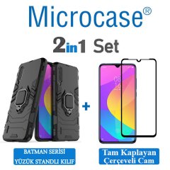 Microcase Xiaomi Mi 9 Lite Batman Serisi Yüzük Standlı Armor Kılıf - Siyah + Tam Kaplayan Çerçeveli Cam