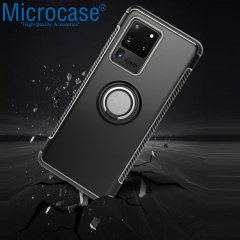 Microcase Samsung Galaxy S20 Ultra Yüzük Standlı Armor Silikon Kılıf - Siyah