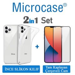 Microcase iPhone 12 Pro İnce 0.2 mm Soft Silikon Kılıf + Tam Kaplayan Çerçeveli Cam
